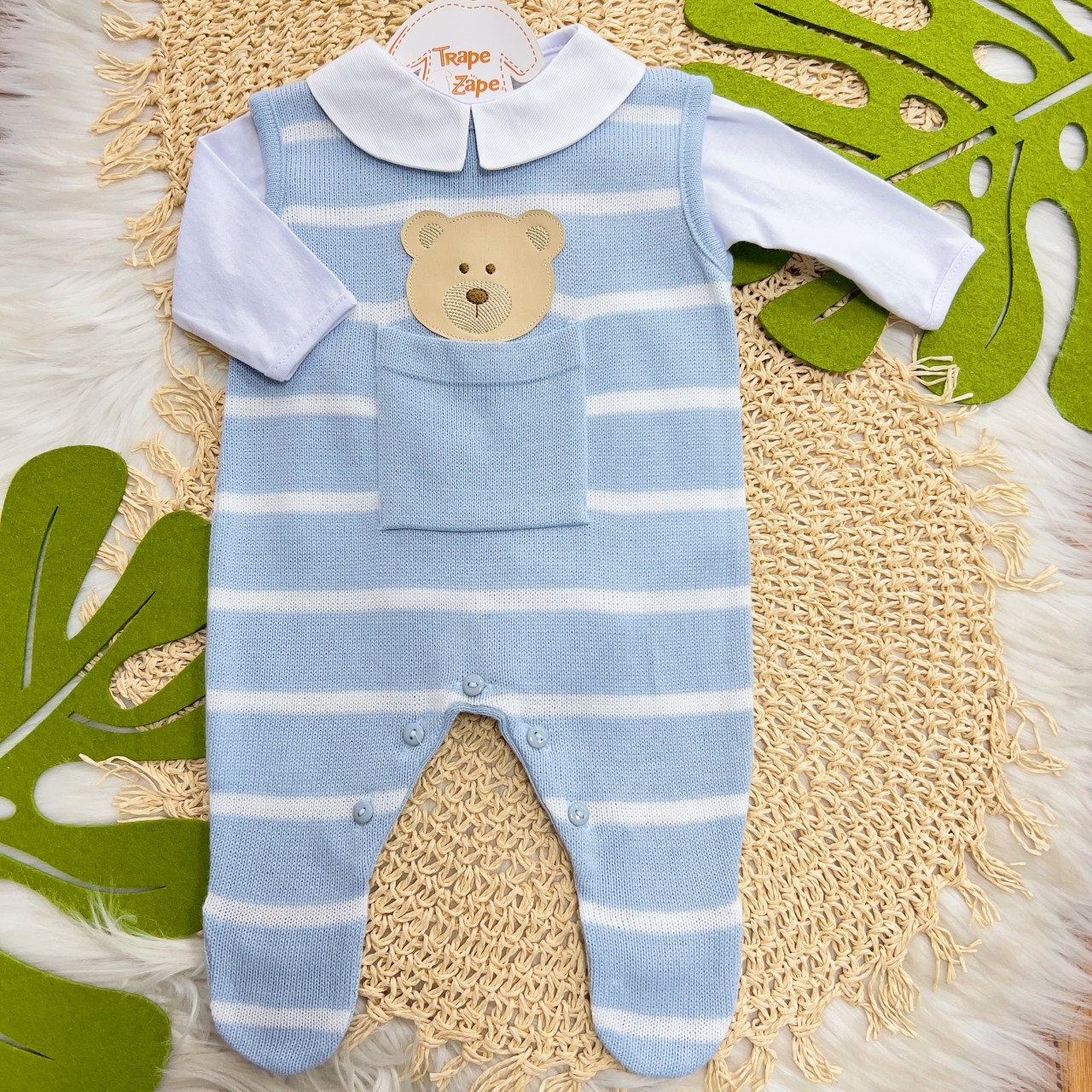  Macacão de Linha Salopete Theodoro - Azul Bebê e Branco